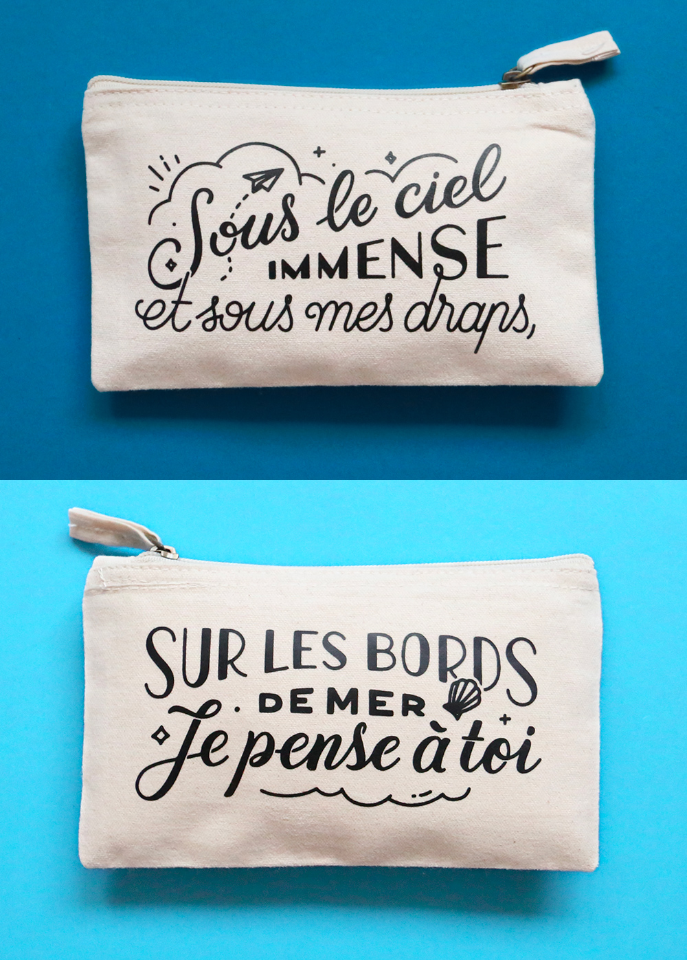 Lettrage sur pochette en tissu